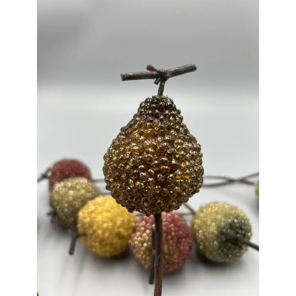 9 Vtg Glass Sugared Beaded Fruit Floral Picks Xmas Ornaments Apples Pear Jeweled